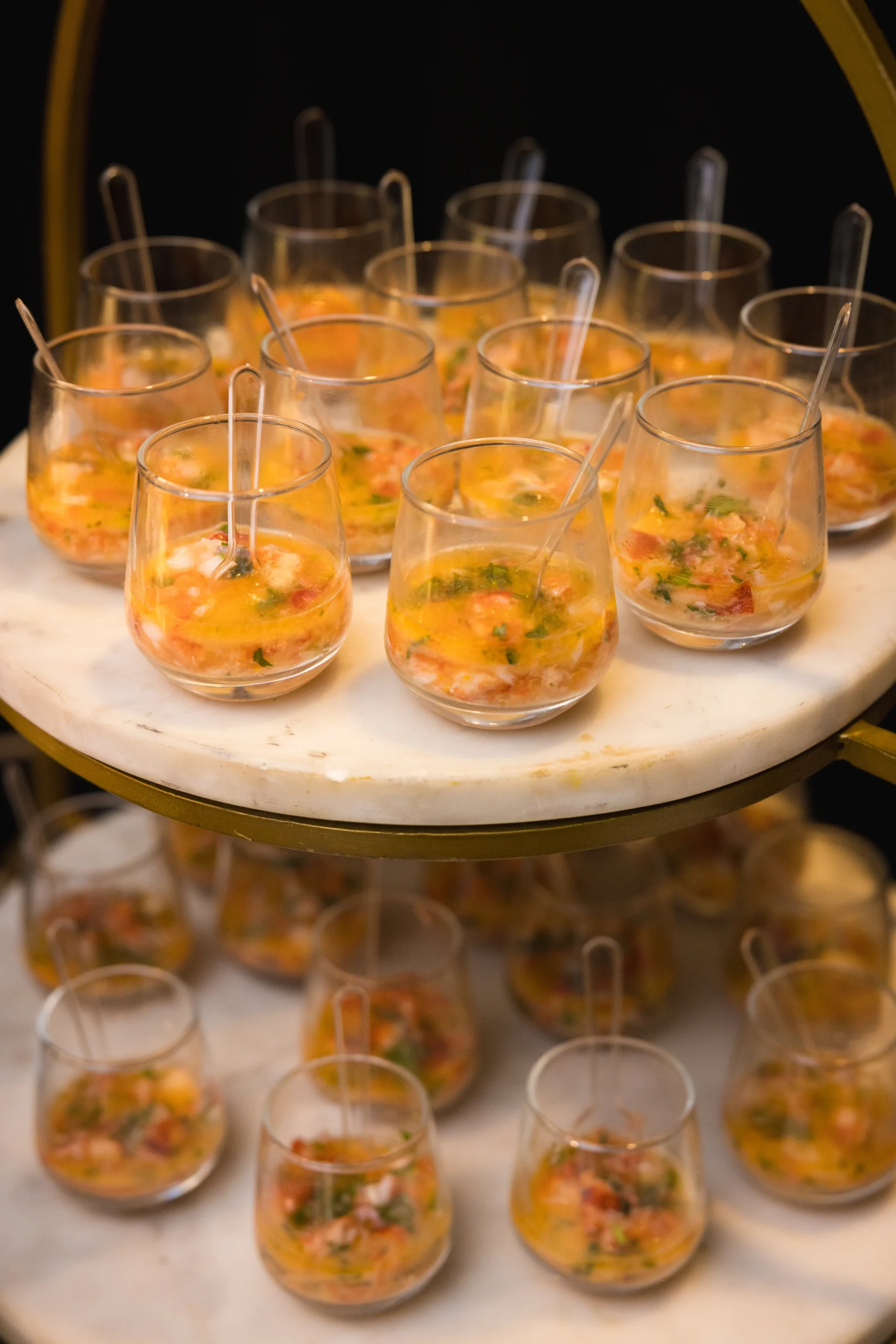 Seafood appetizers served in small cups for a Lent event in Puerto Rico